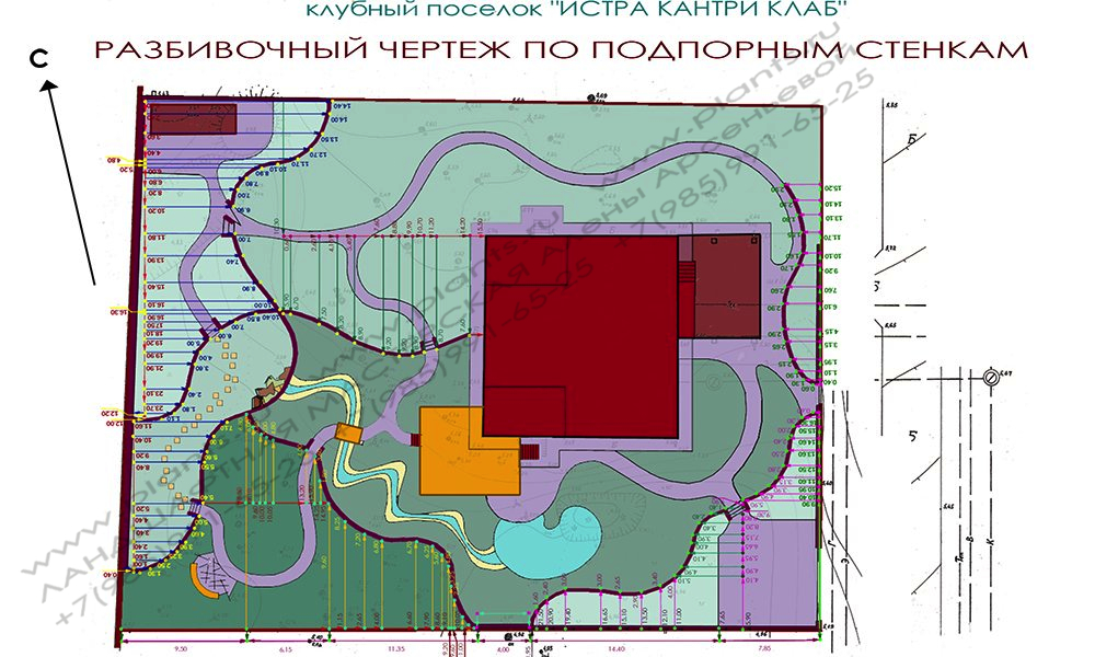 Проект ландшафтного дизайна участка 20 соток - разбивочный чертеж по подпорным стенкам